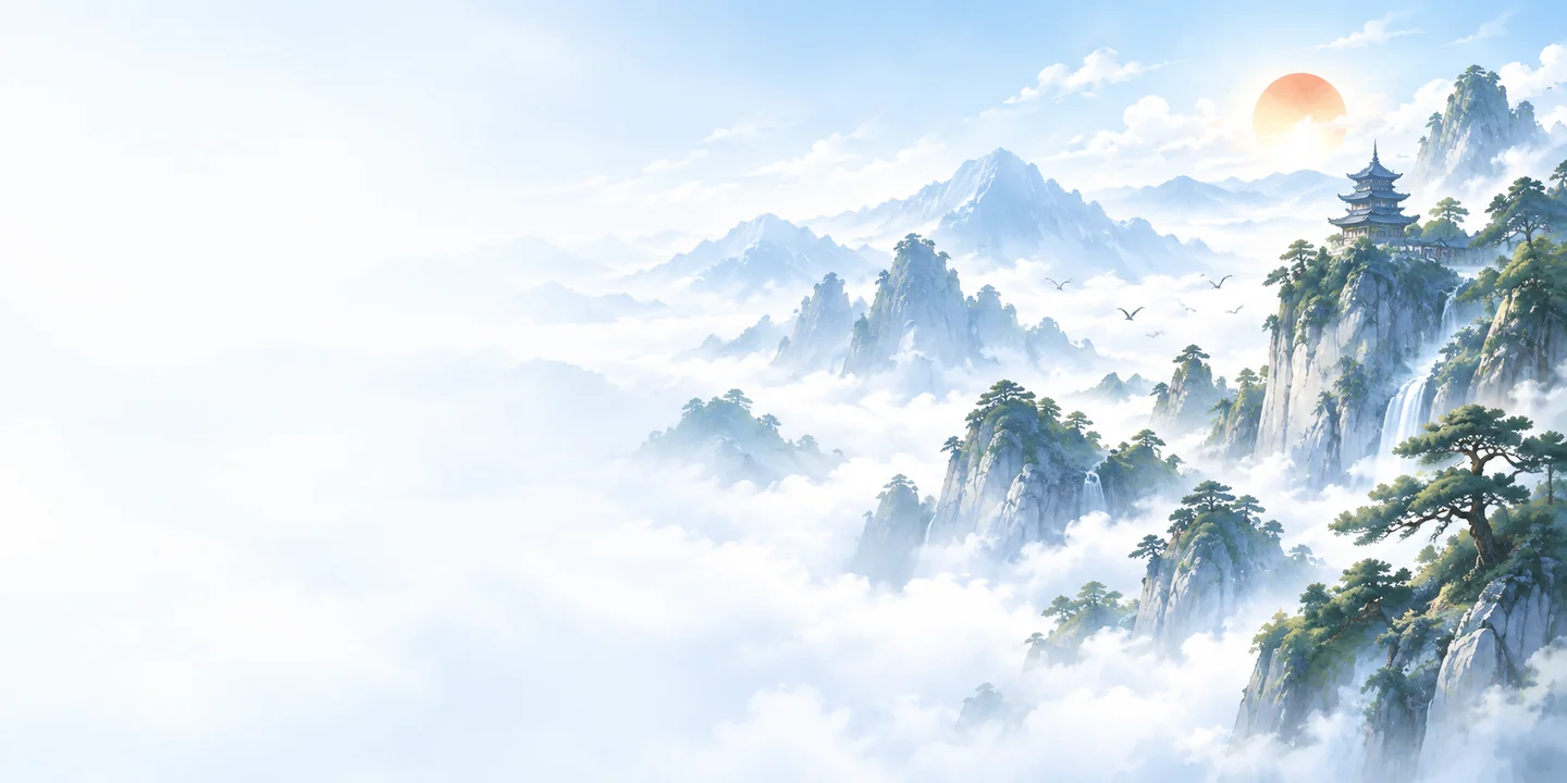 云海中的东方山峦与楼阁