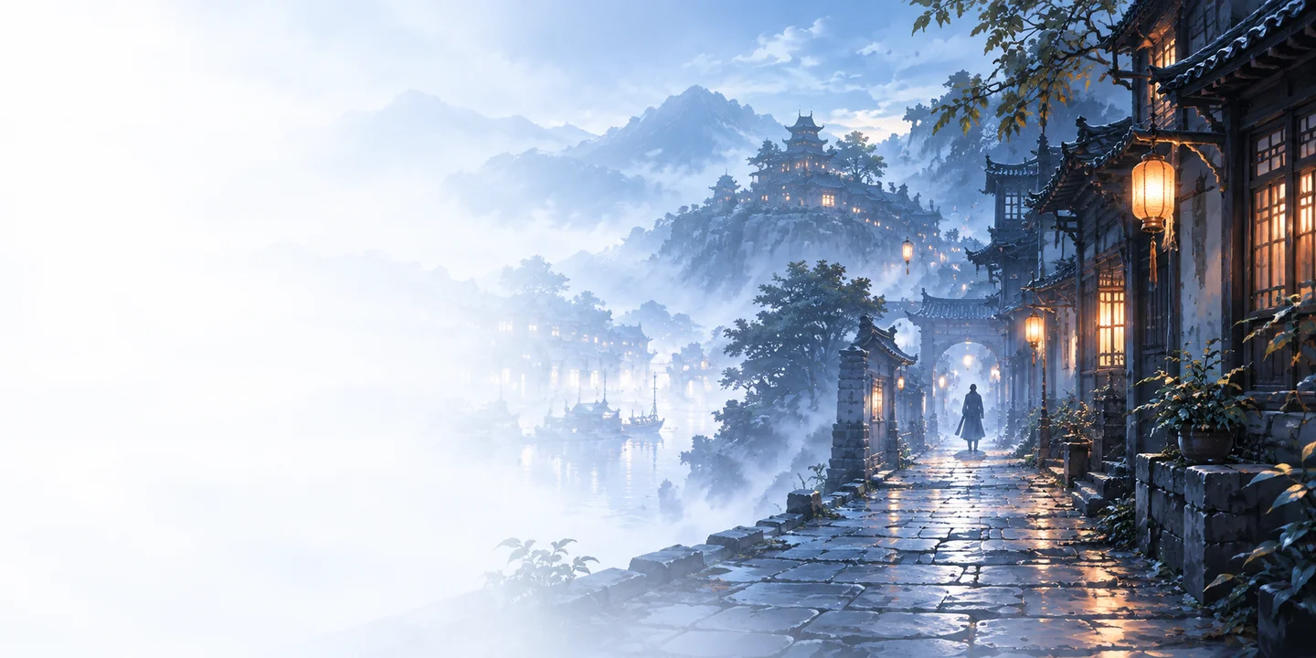 蓝色薄雾中的夜晚街巷
